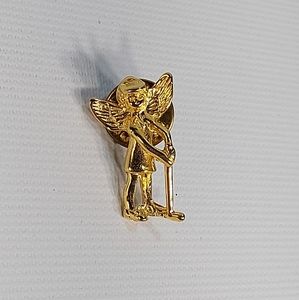 🎁 FREE! Gold Tone Lady Gaurdian Golf Angel Lapel Pin Brooch